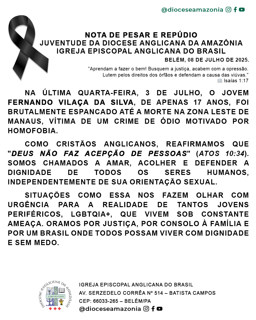 Nota de Pesar e Repúdio – Juventude da Diocese Anglicana da Amazônia (IEAB)